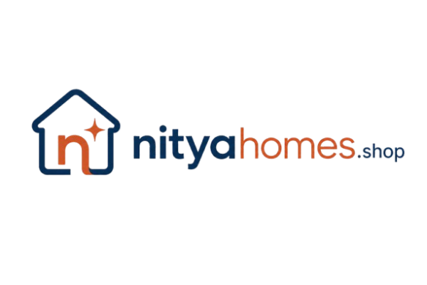 Nitya Homes logo on a plain white background, featuring a house outline with an orange 'n' and star inside, alongside the text 'nityahomes.shop' in dark blue and orange.