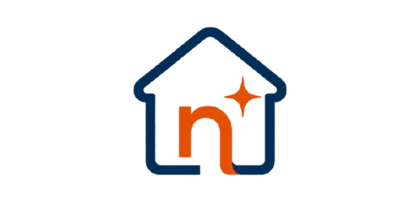 A stylized house-shaped logo with a dark blue outline, an orange lowercase 'n' in the center, and a small orange sparkle inside, shown on a plain white background.